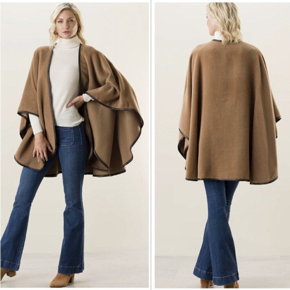 NEW Sofia Cashmere Arequipa Alpaca Cape OS Camel Baby Alpaca Wool Leather Trim